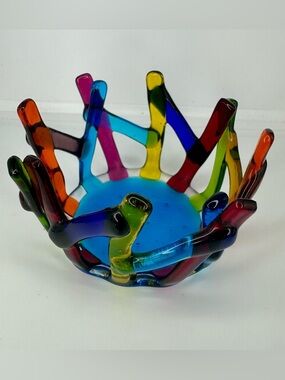 Art Glass Bowl Multicolor Decorative French Glass Dish Sculptural Centerpiece
